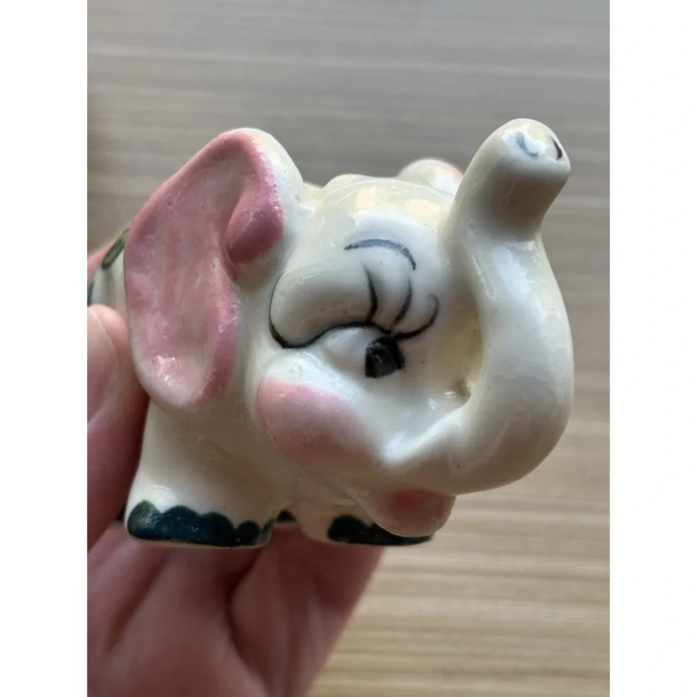 Vintage Whimsical Mini Elephant Nursery Piggy Bank Kitschy Ceramic Hand Painted